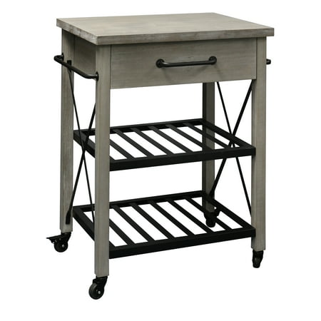 - Rustic Kitchen Cart Solid Pine Wood Top with Metal Base and 1 Drawer and Racks