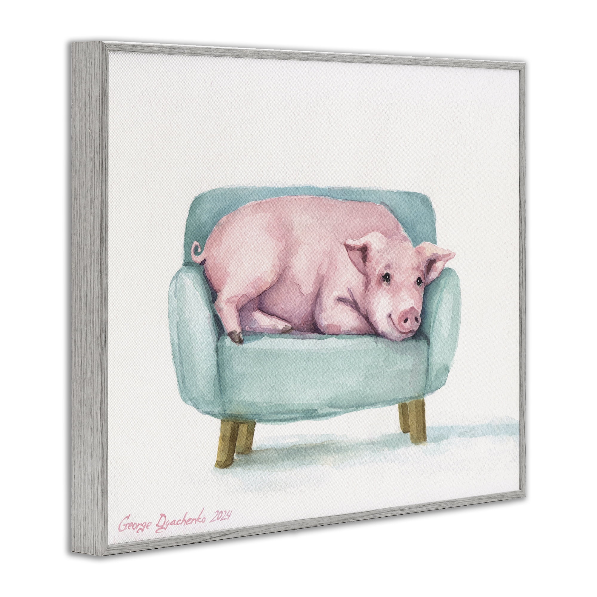 Stupell Industries Cute Piglet on Armchair Gray Framed Giclee Art, design by George Dyachenko