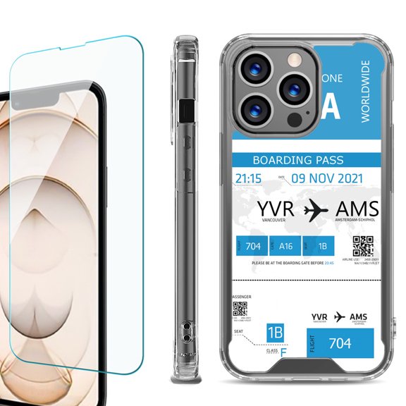 Shockproof Bumper Phone Case for iPhone 13 Pro Max, with Tempered Glass Screen Protector, by OneToughShield ® - Boarding Pass