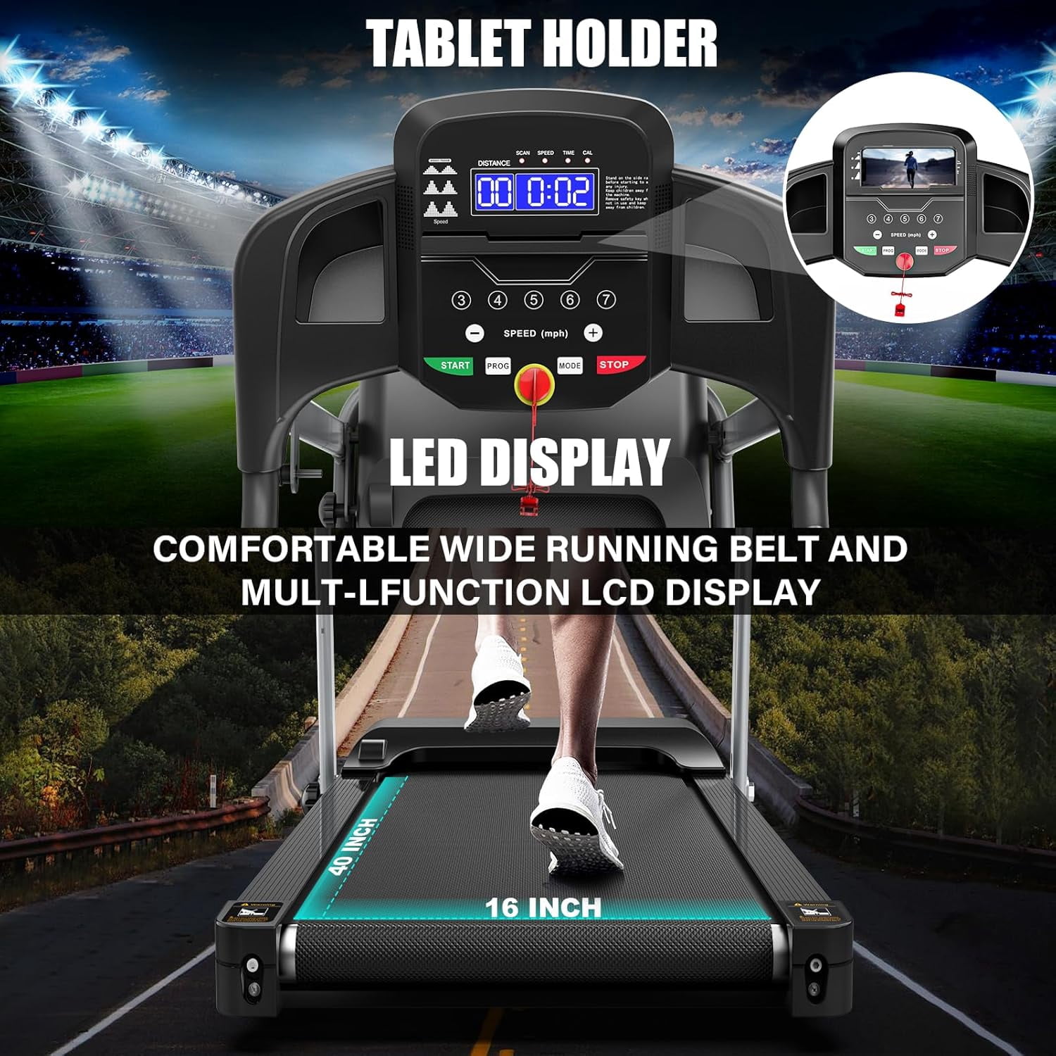 Folding Treadmill with Manual Incline, Fitness Workout Exercise Machine  LCD Screen, Shock-Absorbent Running Deck, Device Holder - Black