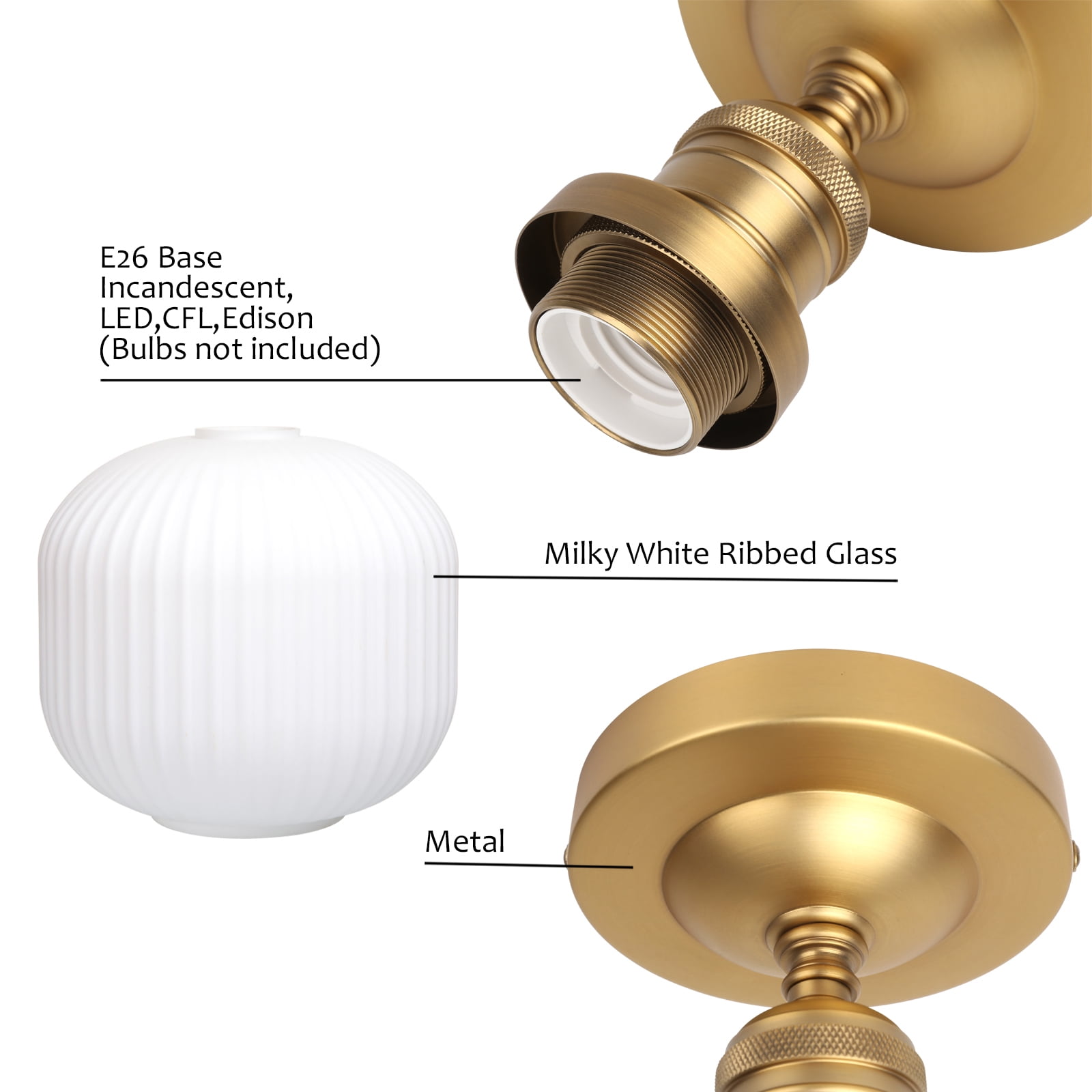 Pathson Industrial Semi Flush Mount Ceiling Light, Milky White Ribbed Glass Close to Ceiling Light for Living Room Dinning Room Kitchen Porch