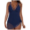 thumbnail image 4 of zaveiop Women One Piece Swimsuit Tummy Control Swim Dress Bathing Suit Mesh Sheer Slimming Sarong Wrap Sexy Swimswear (Dark Blue, L), 4 of 9