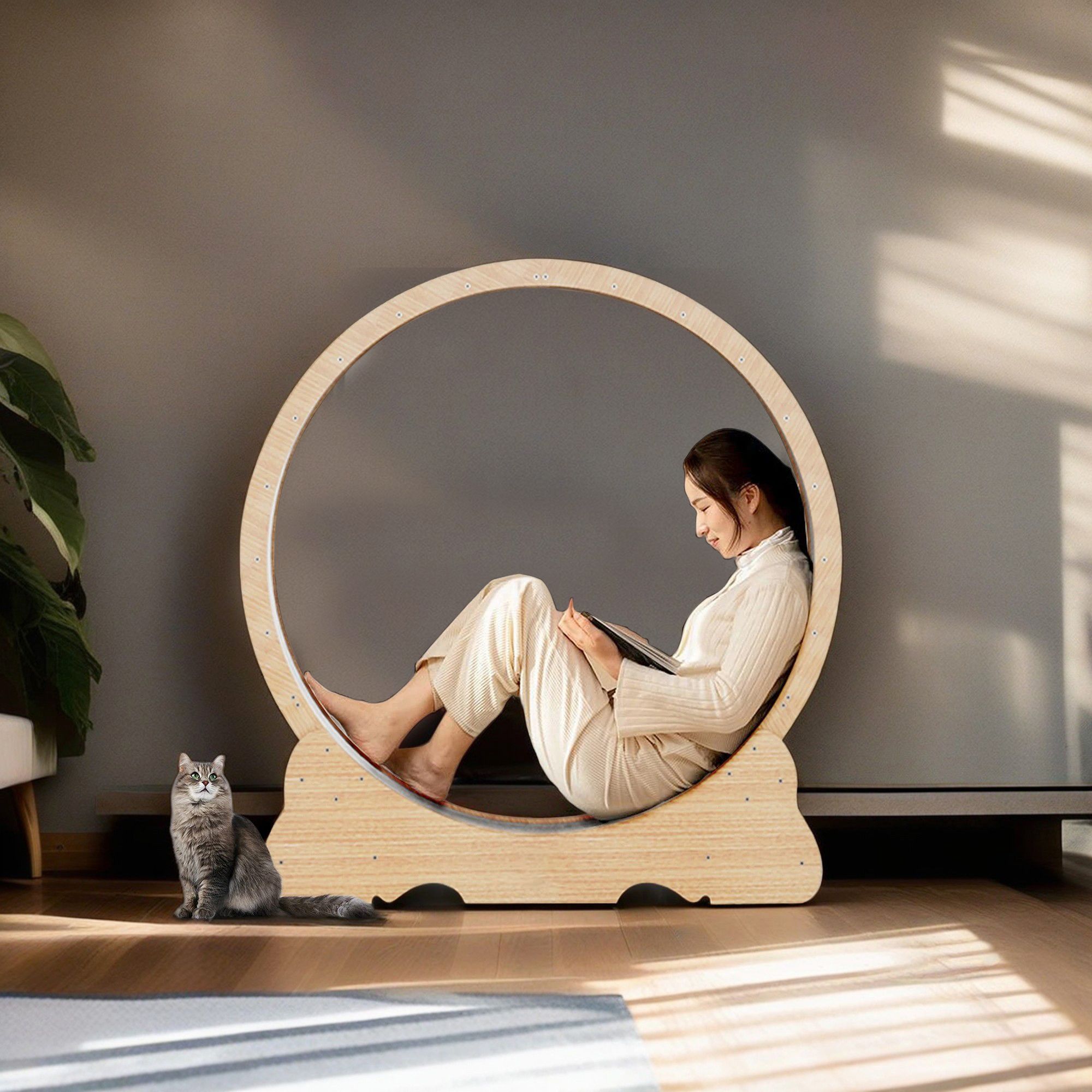 Pefilos 45" Cat Exercise Wheel for Indoor Cats, Large Cat Running Wheels, Cat Treadmill Wheel with Locking Mechanism for Cat's Healthy, Beige