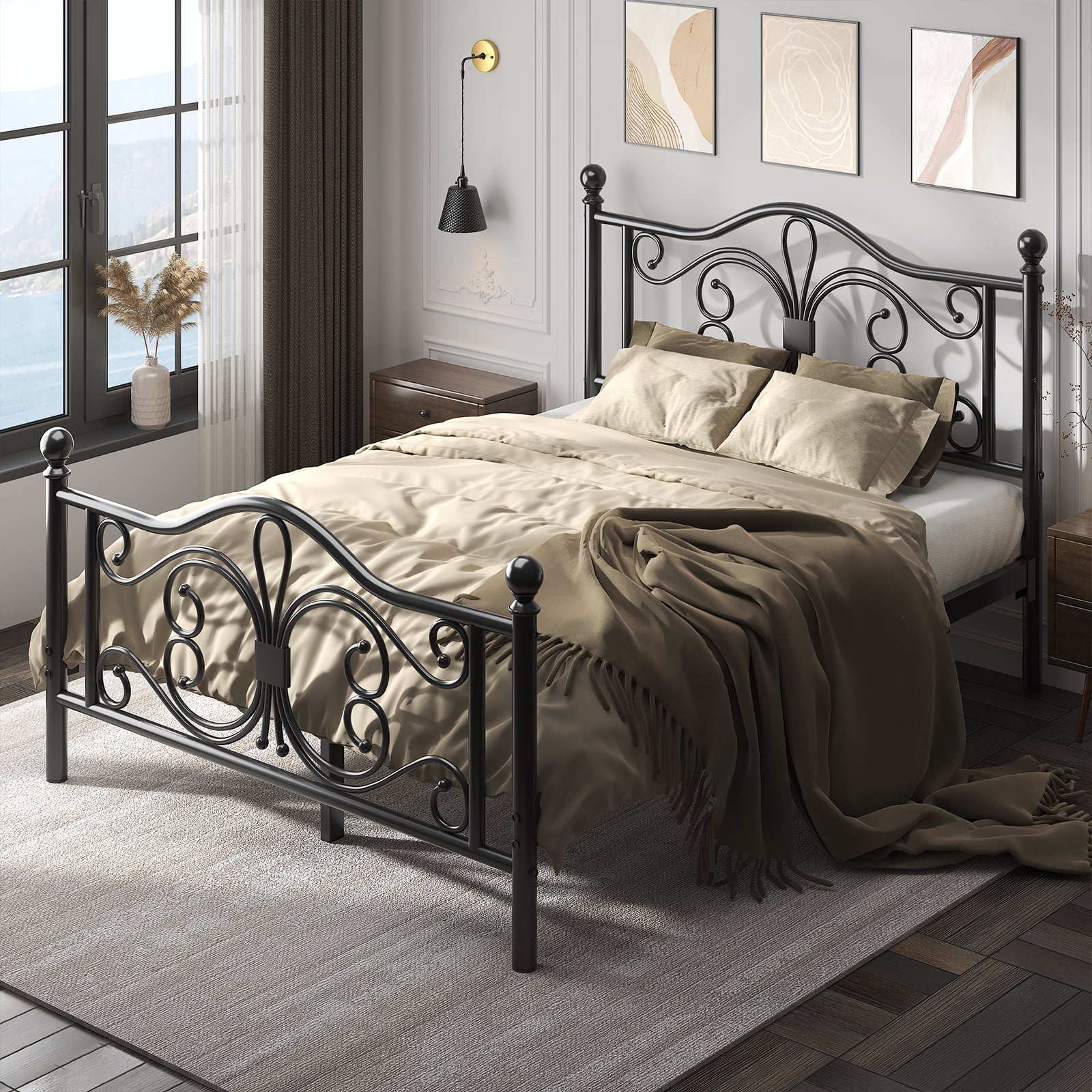 EBERY Full Size Metal Bed Frame with Butterfly Pattern Design Headboard & Footboard, Underbed Storage, Black
