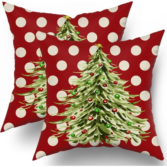 Christmas Pillow Covers 18x18 Inch Set of 2, Xmas Tree Green Red Colored Polka Dots Decorative Throw Pillow Cases Cushion Covers Winter Themed Holiday Decoration Gift Farmhouse Sofa Couch Bed Decor