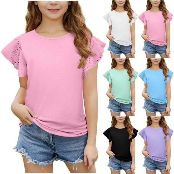 HAOTAGS Girls Tops Ruffle Sleeve Casual Round Neck Solid Summer Kids Clothes Pink Size 5-6 Years
