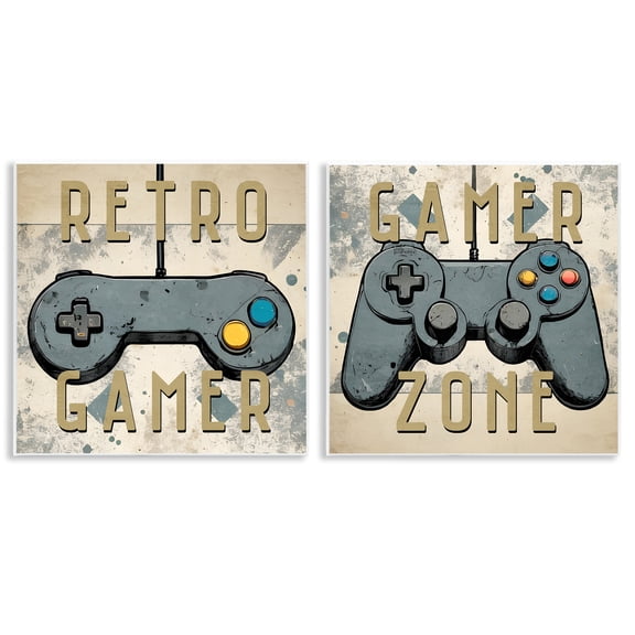 Stupell Industries Retro Gamer Controllers Entertainment Painting Unframed Art Print Wall Art, 12 x 12, Set of 2