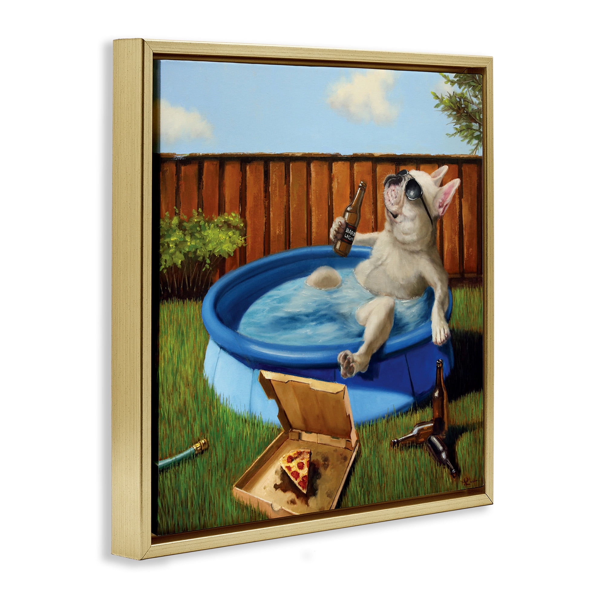 Stupell Industries Dog Drinking in Summer Pool Animals & Insects Painting Gold Floater Framed Canvas Art Print Wall Art, 18 x 18