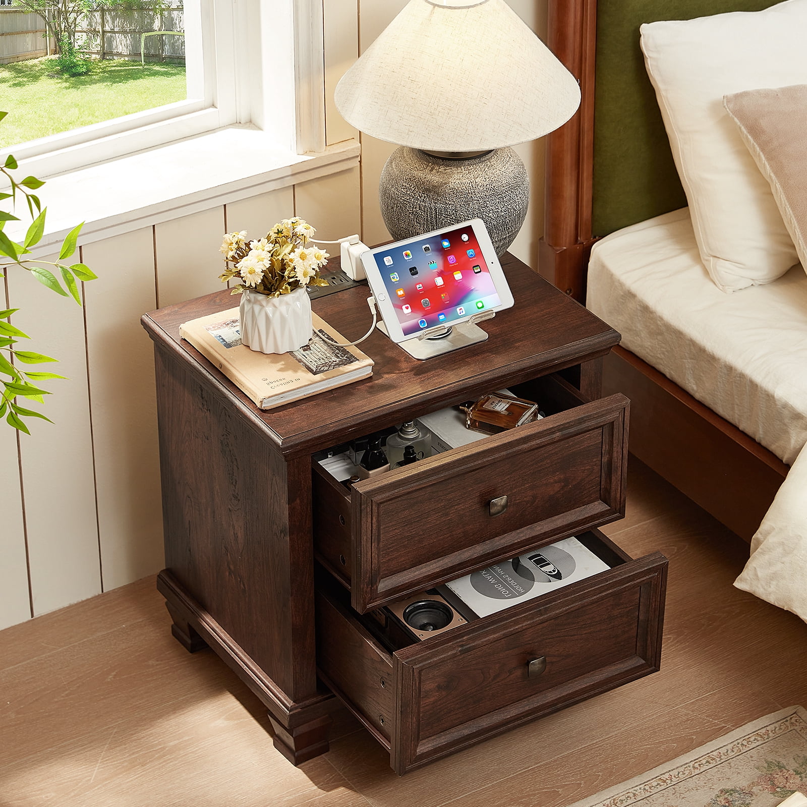 Buildhom Farmhouse Nightstand with Charging Station, 2-Drawer Rustic End Table with Solid Wood Legs for Bedroom, Walnut