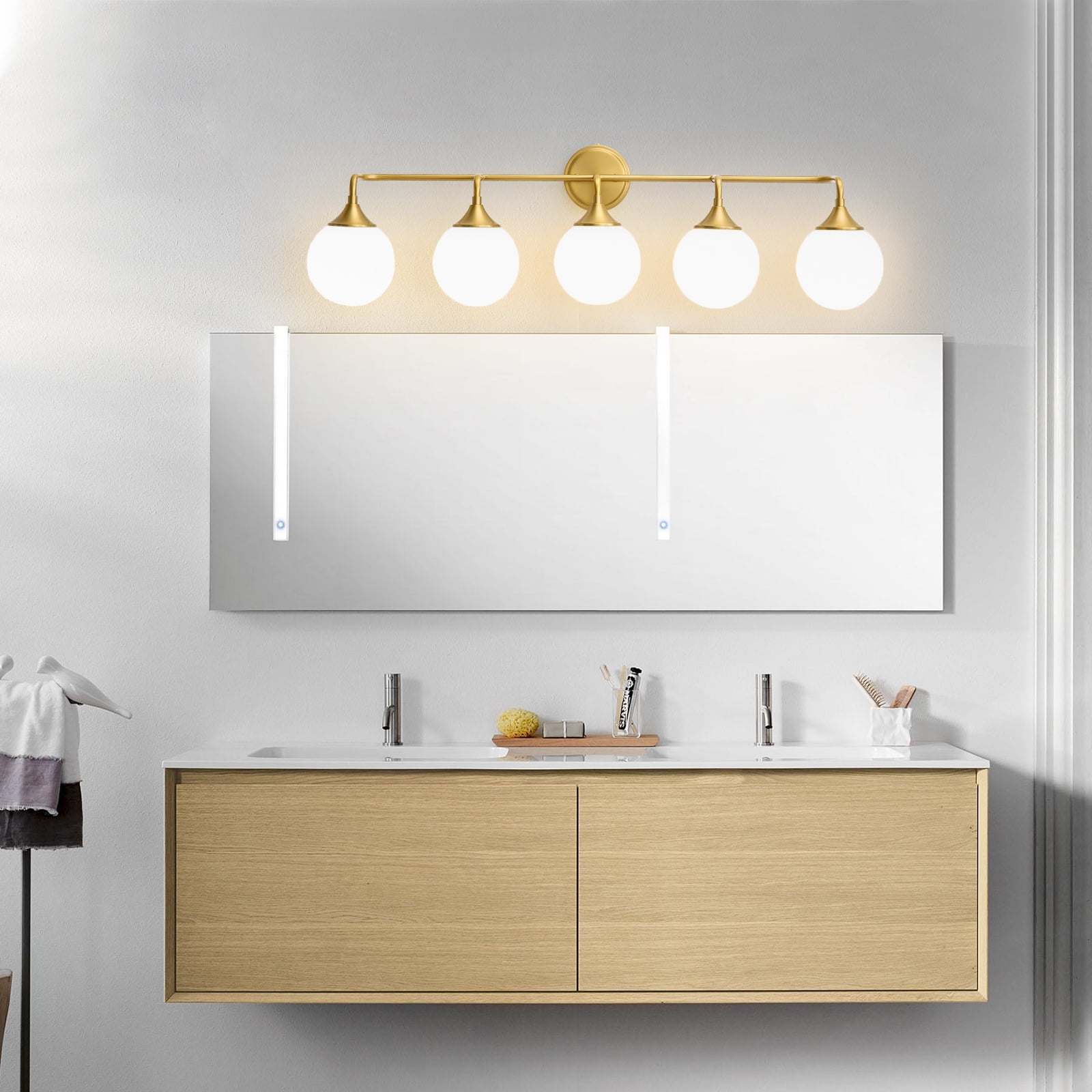 Deyidn 5-Light Gold Modern Vanity Light, 39 Inch Dimmable Bathroom Light Fixture with Opal Glass Globes for Mirror