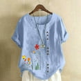 thumbnail image 2 of Wyobmus Oversized Round Neck Linen Tops for Women Printed Short Sleeve Cotton Blend Tee Shirts B-Light Blue, 2 of 4