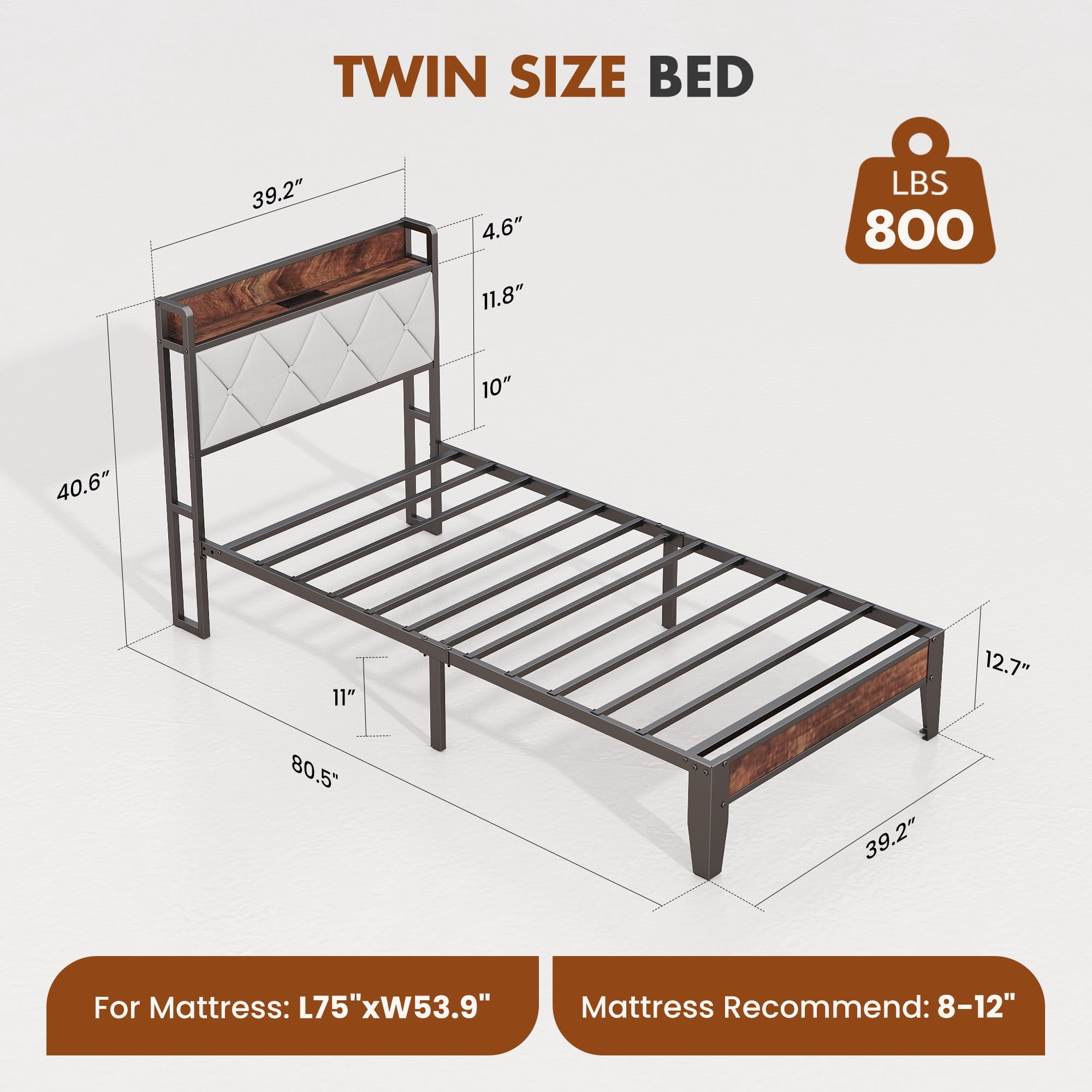 GIANNA Twin Bed Frame with Headboard, Underbed Storage, Built-in Charging Ports, Sturdy Noiseless Design, Tool-Free Assembly, No Box Spring Needed