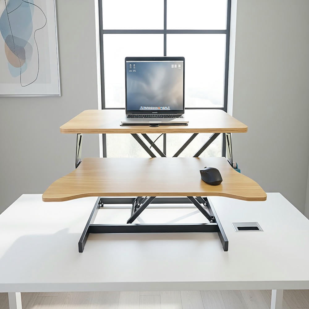 Kadyn 32 Inch Sit Stand Desk Converter, Height Adjustable Dual Monitor Workstation with Wide Keyboard Tray for Ergonomic Office, Natural