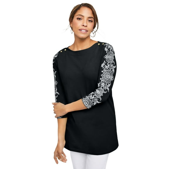 Jessica London Women's Plus Size Boatneck Tunic Top 3/4 Sleeve Shirt Loose Fit