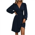 thumbnail image 4 of Efsteb Mini Dresses for Women Formal V Neck Lantern Long Sleeve Ruched Waist Dress High Waisted Casual Cocktail Dress (Dark Blue,S), 4 of 8
