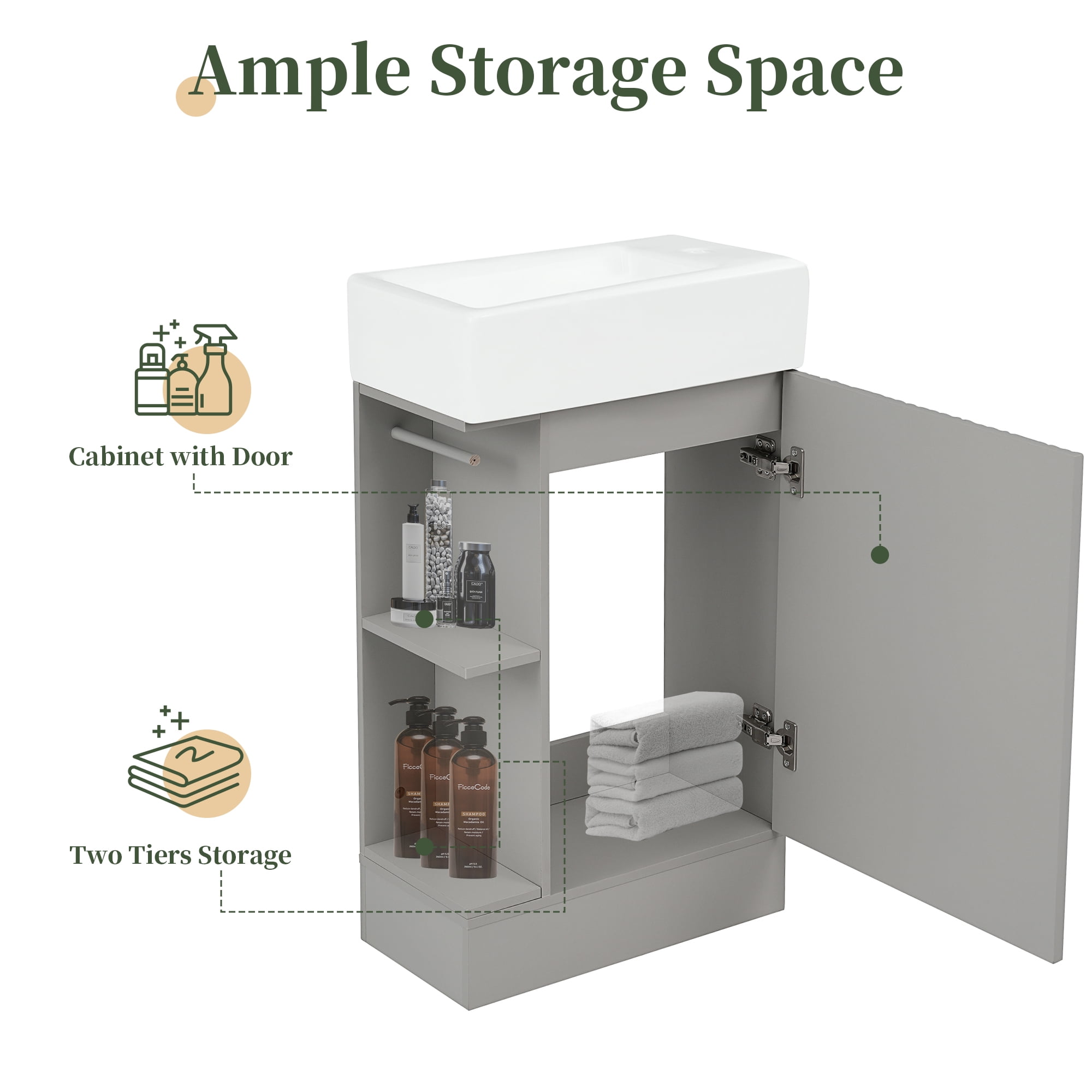 Harper & Bright Designs 18.6" Small Bathroom Vanity Sink Combo with Storage , Bathroom Floor Cabinet with Two-tier Shelf, Grey