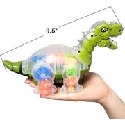 Walking Light-Up Gear T-Rex with Light & Music and Roaring Sound (Green) (9.5) Plastic. Transparent Gear Dino