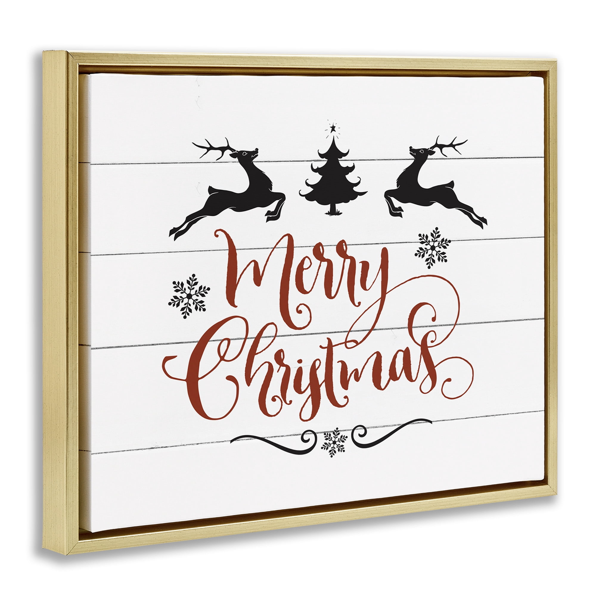 Stupell Industries Merry Christmas with Reindeer Holiday Painting Gold Floater Framed Canvas Art Print Wall Art, 31 x 25