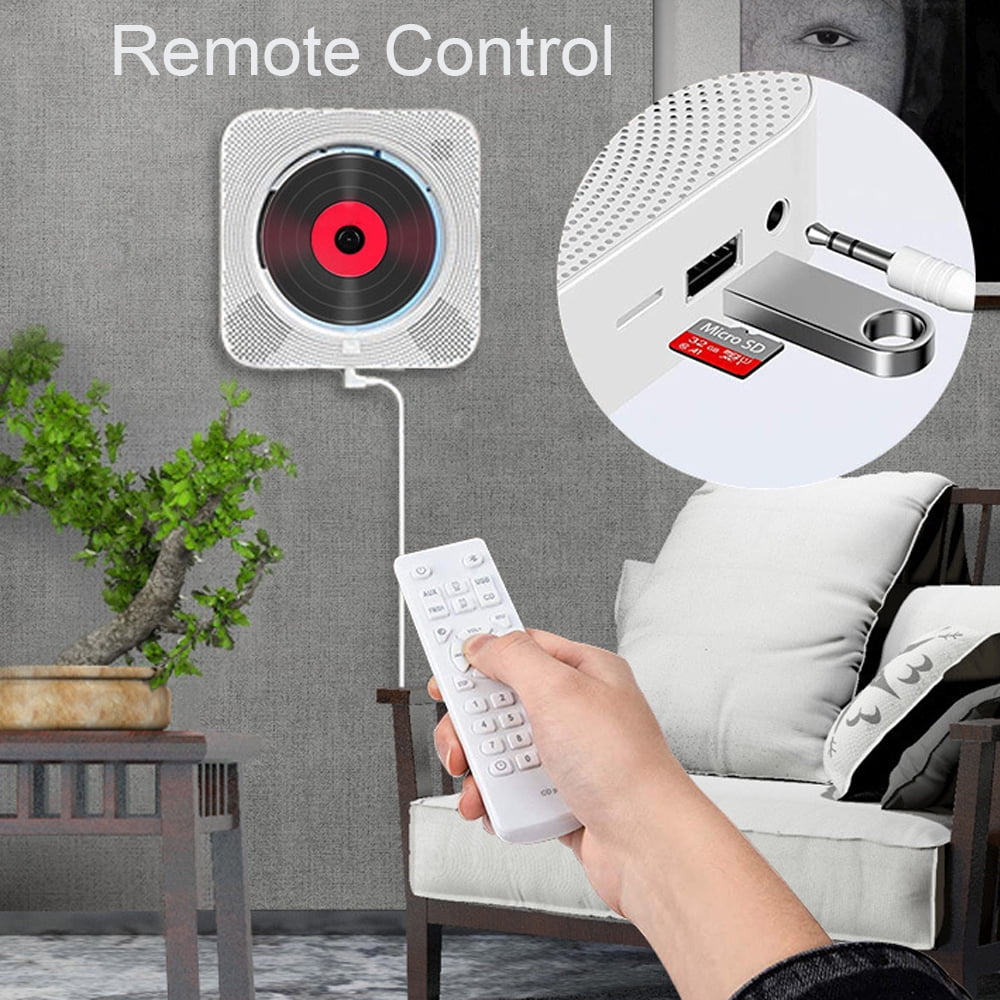 MEGICOT Bidirectional Bluetooth Wall Mountable CD Player Built-in Speakers, Portable Music Player with Dust Cover Remote Control, Support FM Radio USB flash Micro SD AUX Play