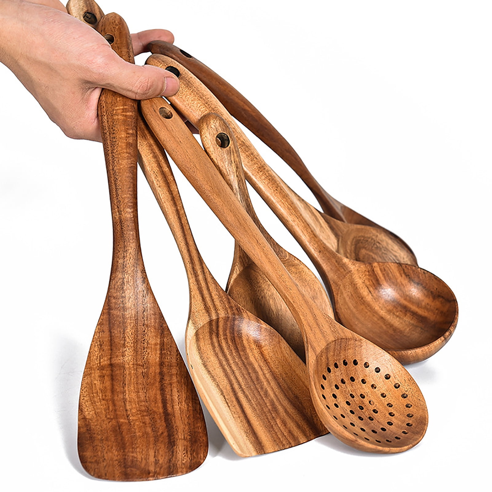 7-Piece Silicone and Bamboo Kitchen Utensils Set with Holder for Cooking,  Virtually Non-Stick, with Ladle, Slotted Turner, Slotted Spoon, Serving
