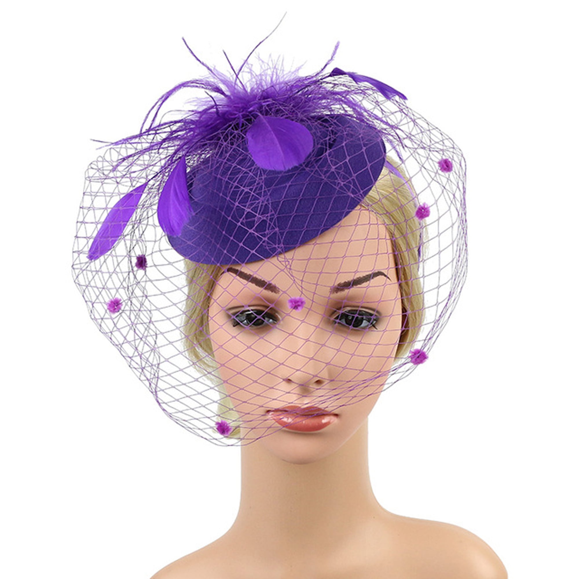 Large Mesh Women Hat Feather Top Hat Fascinator Hat,Violet