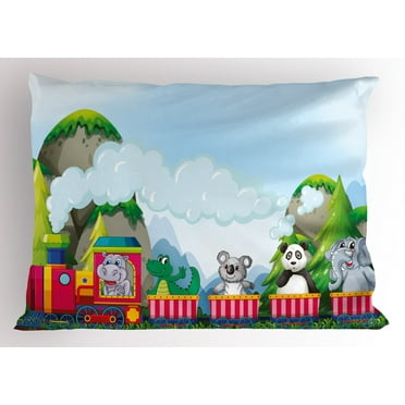 Ambesonne Cartoon Pillow Sham, Animals on Train, 26" X 20", Multicolor