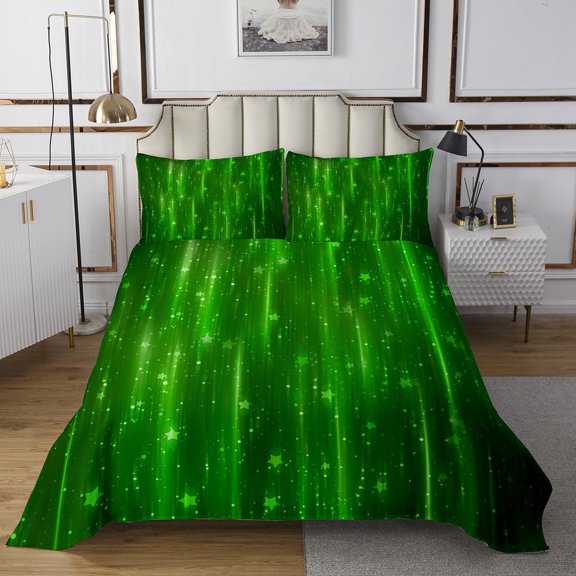 Green Ombre Coverlet Twin Size Gradient Bedding Set,Sparkling Stars Bedspread Set Aesthetic Glowing Quilt Set,Modern Abstract Neon Bed Set
