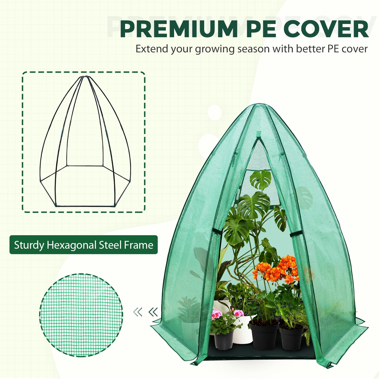 EAGLE PEAK 63'' x 63'' x 72'' Portable Mini Hexagon Greenhouse with PE Cover, Roll-up Zippered Door & Mesh Windows, Ground Mat, Green