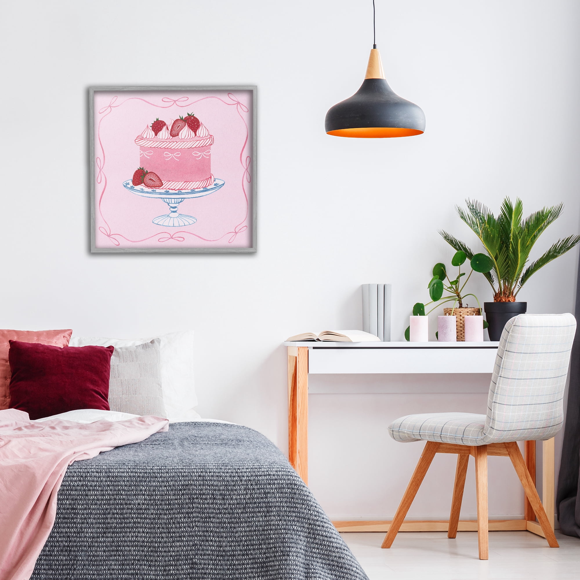 Stupell Industries Pink Strawberry Cake Gray Framed Giclee Art, design by Grace Popp