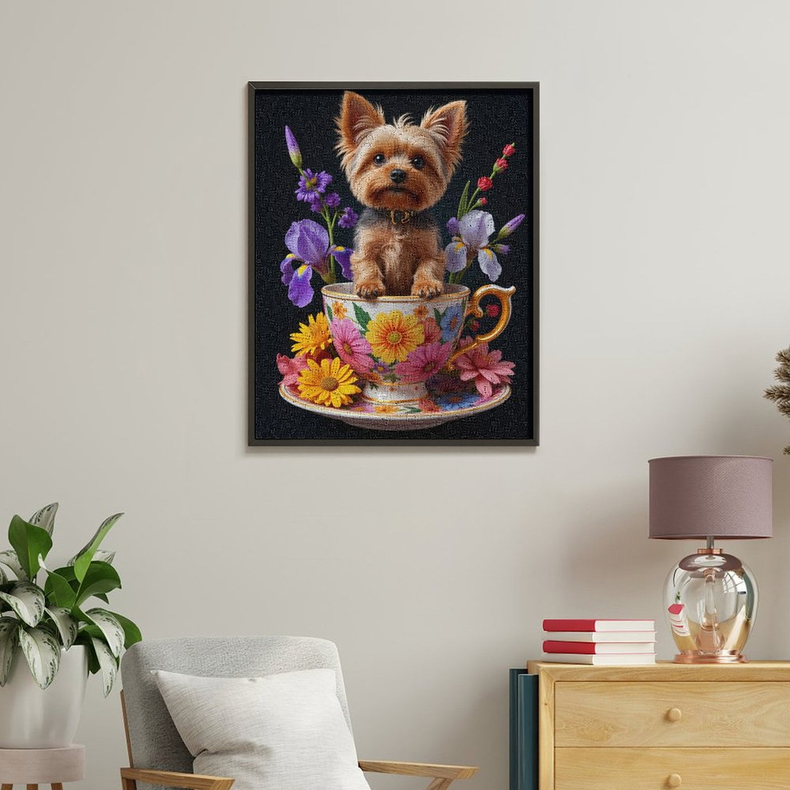 Paint by Numbers Kit for Adults, Yorkshire Terrier In Floral Teacup Paint by Numbers, Easy Paint by Numbers Kit for Adults Beginner, DIY Adult Paint by Number Kits on Canvas, 12x16in Home Decor