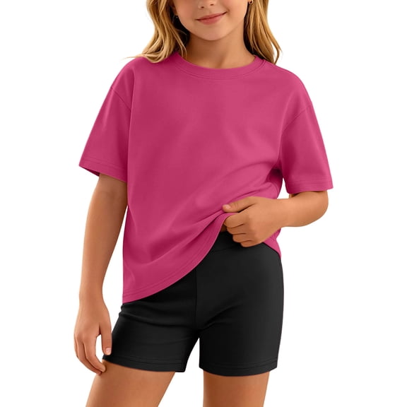 Cethrio Girls Outfit Sets Short Sleeve, Summer Solid Color 2 Piece T-shirts and Shorts Sets Hot Pink Size 6