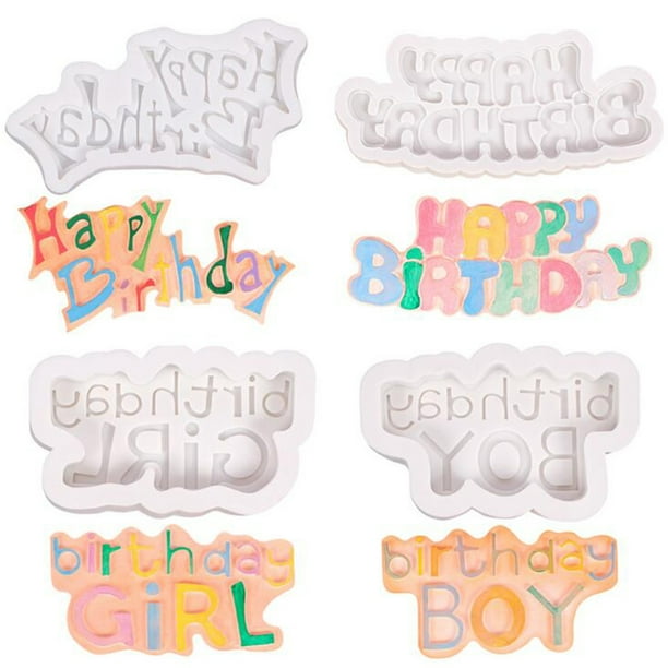 Moldes de fondant de cumpleaños - Herramientas de decoración de tarta de silicona en pack de 4 para manualidades de chocolate, caramelos, masa, jabón y resina