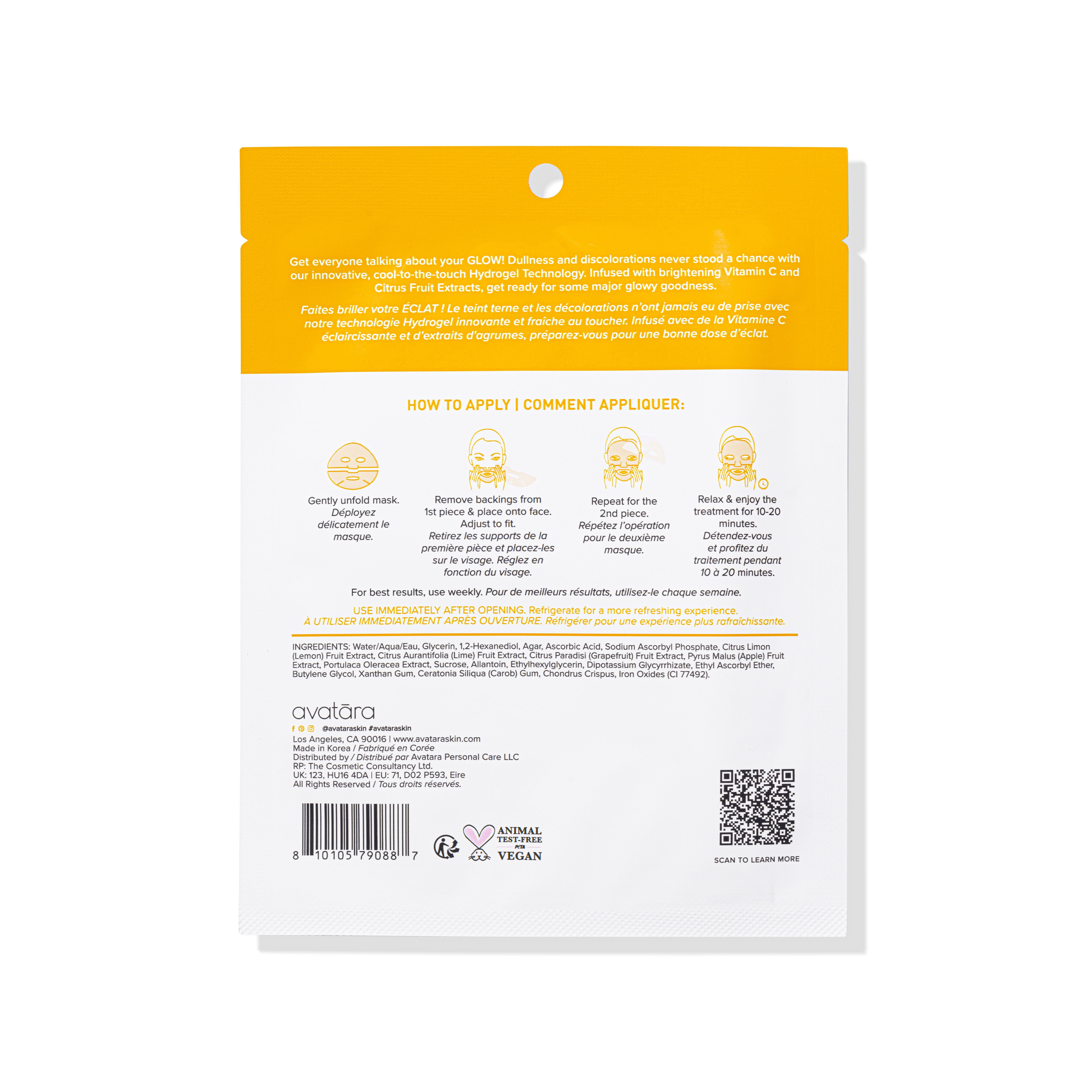 (2 pack) Avatara Vitamin C Brightening Hydrogel Face Mask for All Skin Types, 1 Sheet Mask
