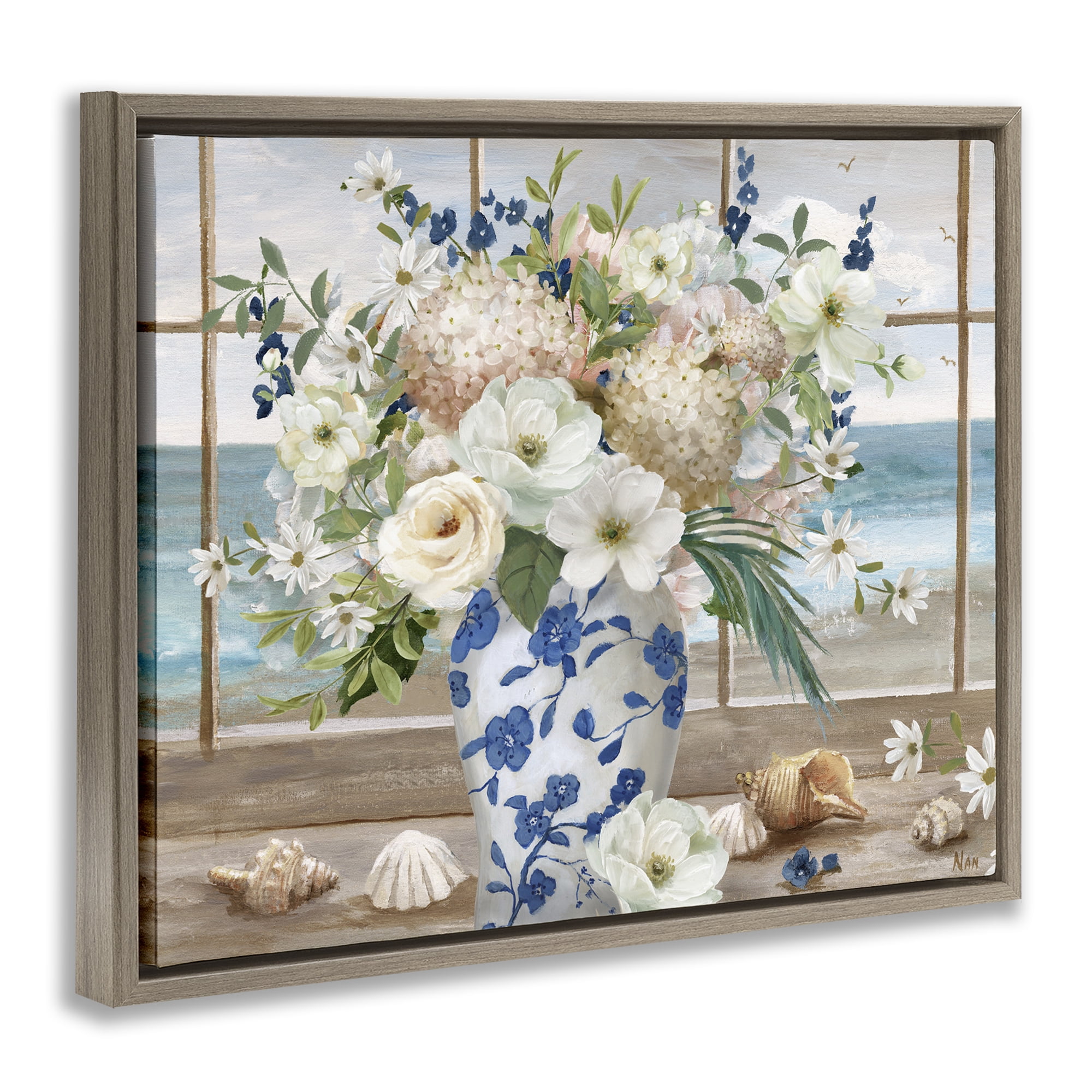 Stupell Industries Seashells & Flowers Windowsill Brown Framed Floater Canvas Wall Art, design by Nan