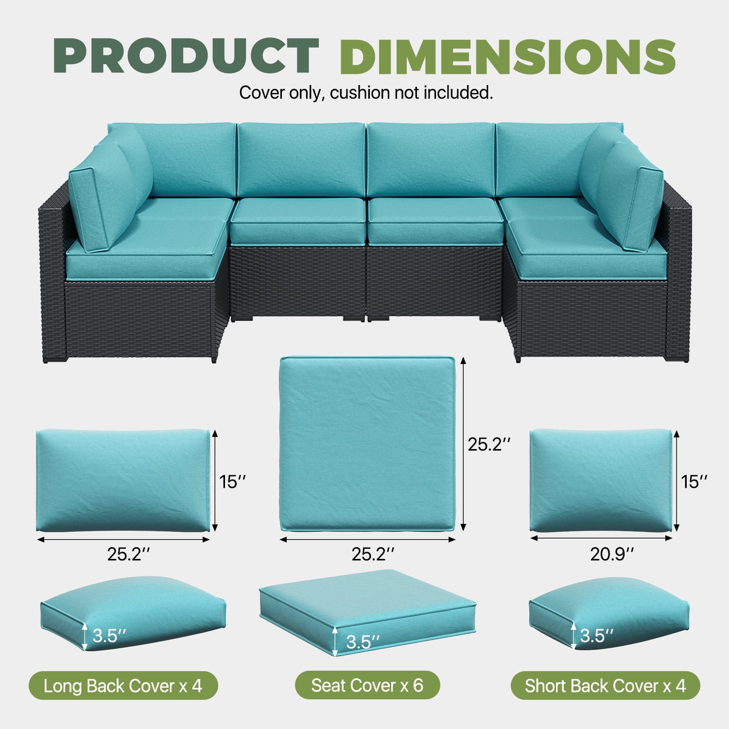 BaPiPro 14 Pack Sky Blue Outdoor Patio Sofa Cushion Replacement Covers, Fade‑Proof, Waterproof & Zippered, Wear‑Resistant, Stain‑Resistant Easy‑to‑Clean Slipcovers for Rattan Sectional Furniture