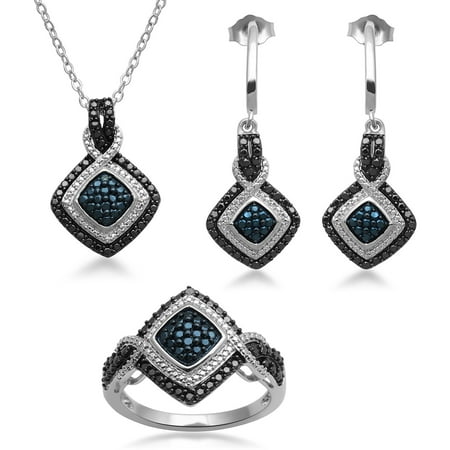Blue and White Diamond Accent 3-Piece Silver Plated Brass Boxed Jewelry Set
