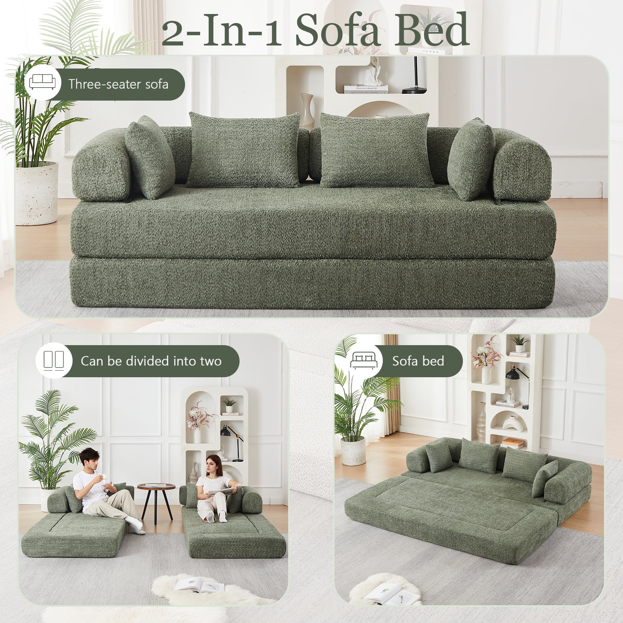 78.9inch Convertible Sleeper Sofa,Chenille Folding Mattress Sofa with DIY Removable Armrests,Floor Standing Lounge Sofa for Living Room Bedroom Small Space,Green