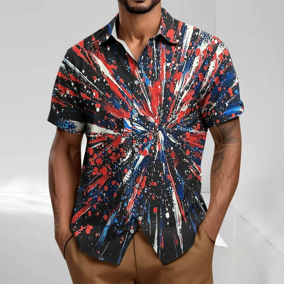 cllios Hawaiian Shirts for Men 4th of July American Flag Printed Short Sleeve Bowling Shirt Regular Fit Button Down Beach Tops
