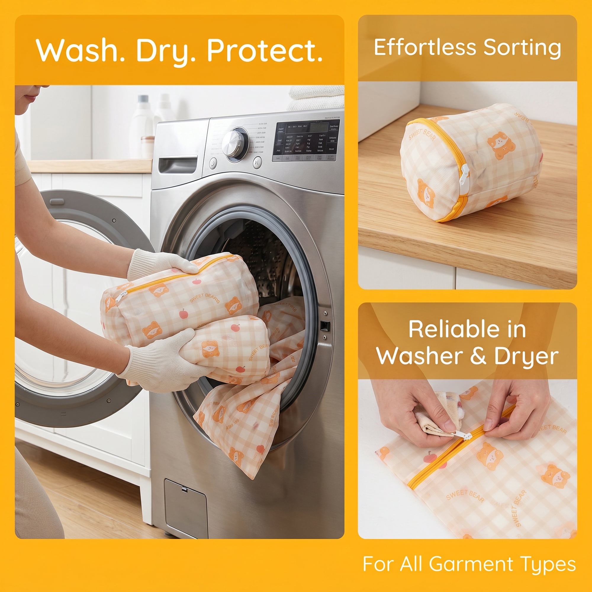 Polyester Mesh Durable Zipper Closure Laundry Bags for Delicates Orange-Yellow 6Pcs
