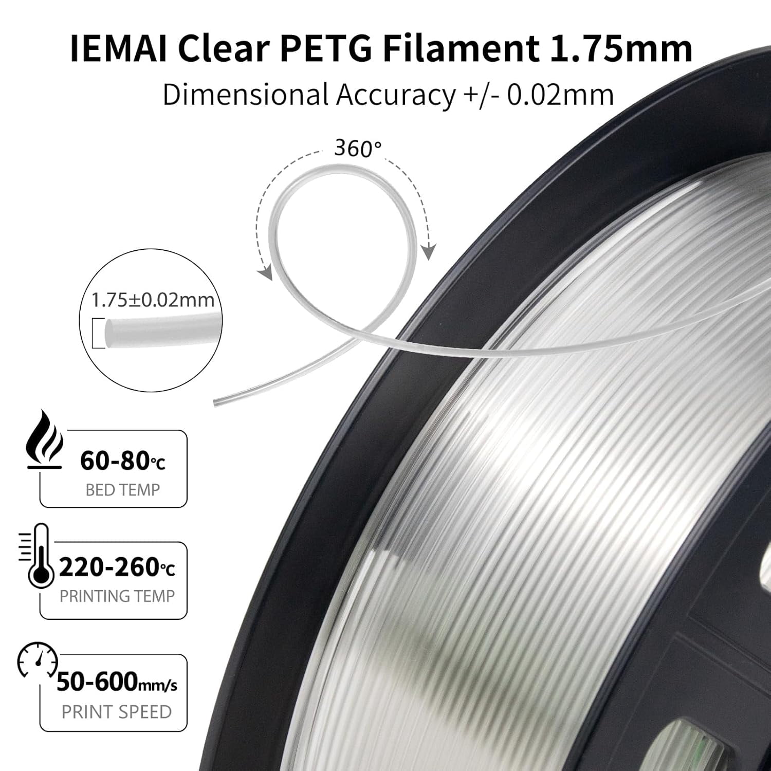 Clear PETG Filament 1.75mm 1kg, Crystal Transparent 3D Printer Filament Up to 600mm/s Fast Printing, Tough & Durable for Lampshade, Creative DIY & Home Decor