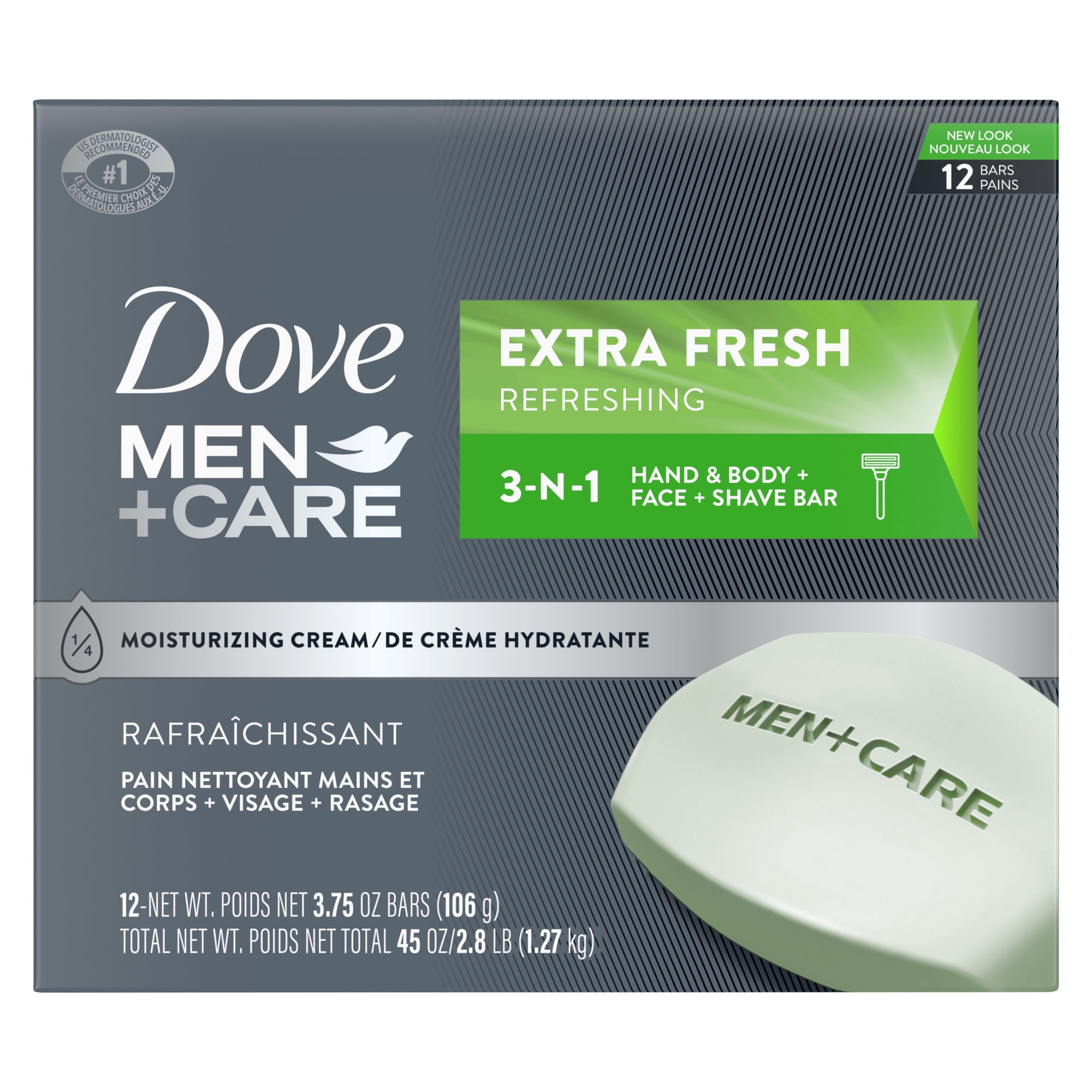 Dove Men+Care Bar 3 In 1 Cleanser For Body, Face, And Shaving To Clean And Hydrate Skin Extra Fresh Body And Facial Cleanser More Moisturizing Than Bar Soap ,3.75 oz 12 Bars
