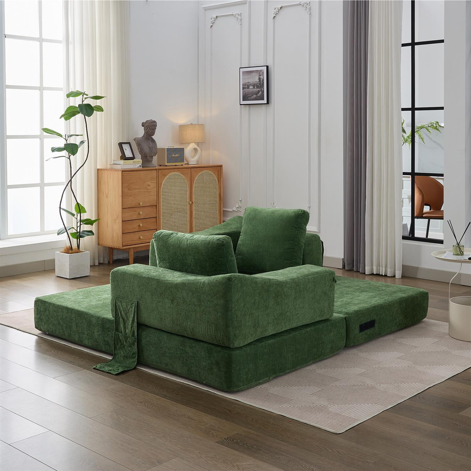 Demi Bonn 70" Modern Minimalist Convertible Sofa Bed, Fold-Out Sofa Chair, Versatile Floor Couch & Mattress for Living Room, Bedroom, Apartment, Removable Backrest, Green