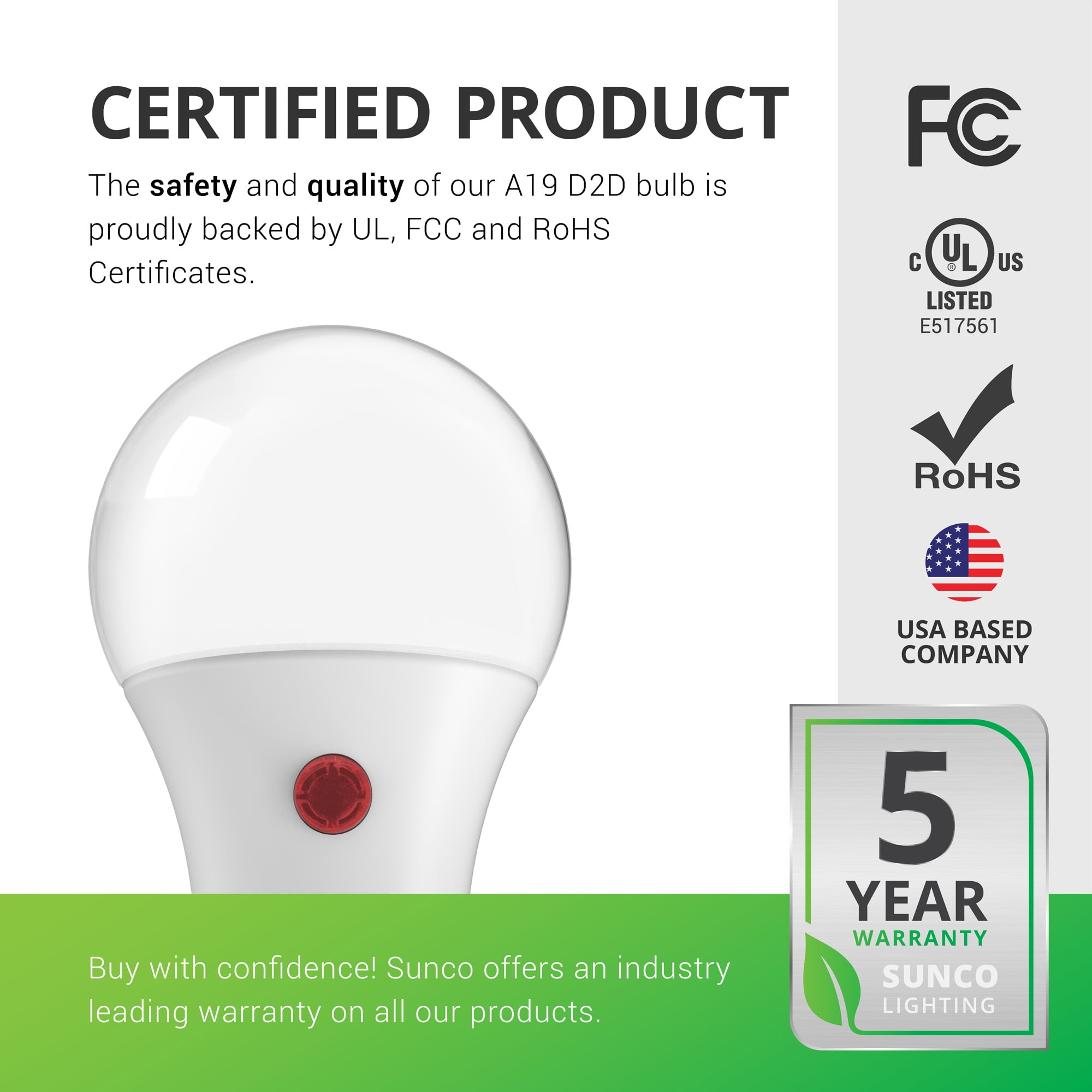 Sunco 10 Pack A19 LED Bulb with Dusk to Dawn, 9W=60W, 800 LM, 5000K Daylight, Auto On/Off Photocell Sensor - UL