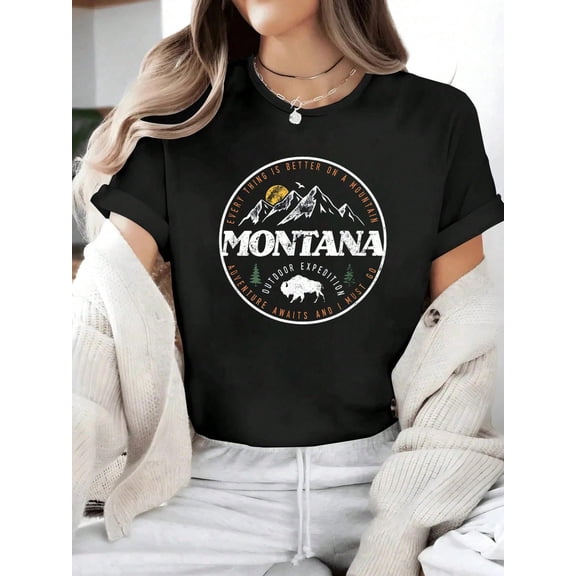 100% Pure Cotton Montana Retro Vintage Mountain Outdoors State Graphic T-Shirts Funny Printed T-Shirt For Women