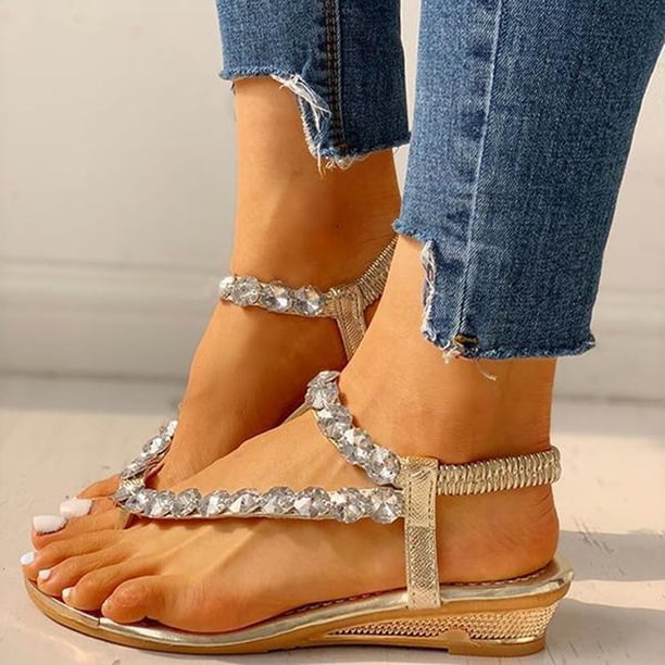 Sandalias planas con punta abierta y diamantes de imitación para mujer, sandalias cómodas, sandalias informales cómodas para la playa Wmkox8yii nm1092