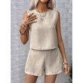 thumbnail image 3 of Womens 2 Piece Summer Linen Outfits Short Sets Round Neck Sleeveless Tank Top Elastic High Waisted Shorts Cream White XL, 3 of 8