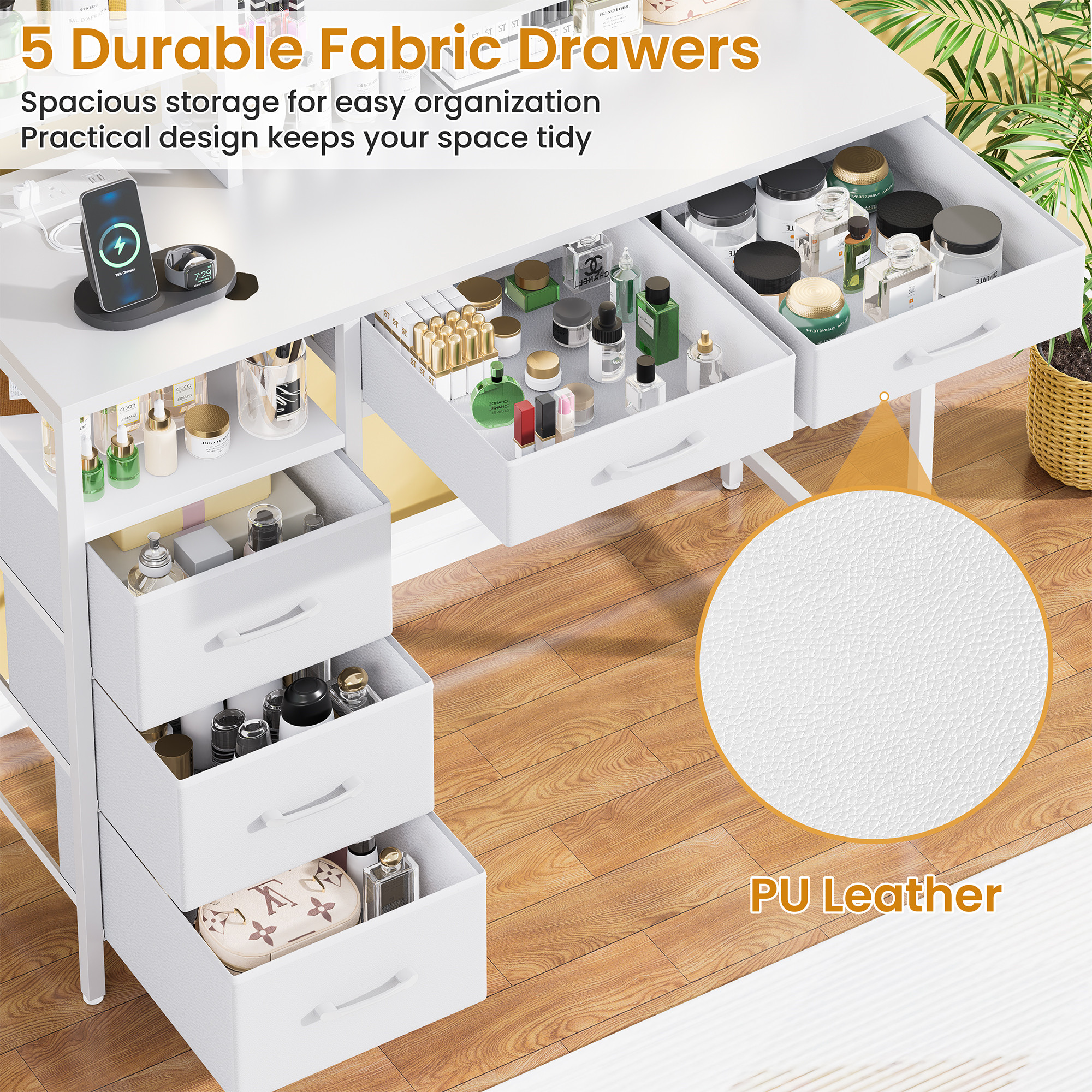 Vanity Desk with Mirror, 9 Lights, 3 Color Modes with Adjustable Brightness, 5 Spacious Fabric Drawers & Storage Shelves, Makeup Vanity with Power Outlets, Modern Vanity Table for Bedroom, White