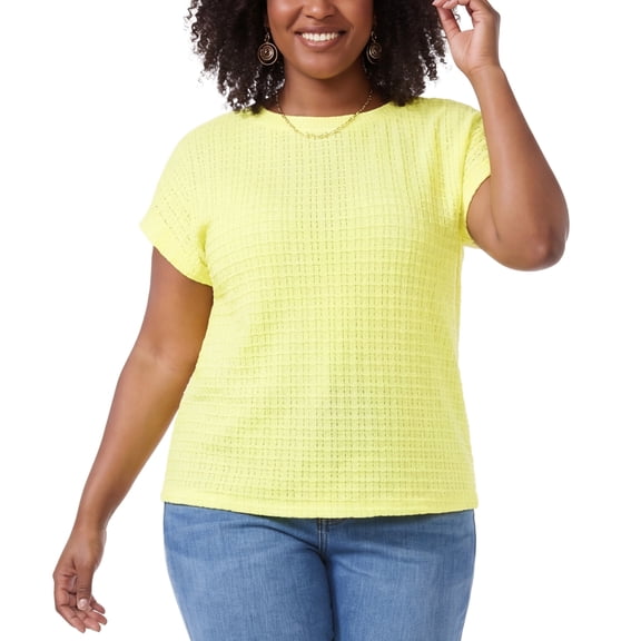 GRACE & GRANDEUR Women's Plus Size Summer Blouse Pointelle Knit Boat Neck Top Loose Raglan Sleeve Hollow Casual Blouses 1X Yellow