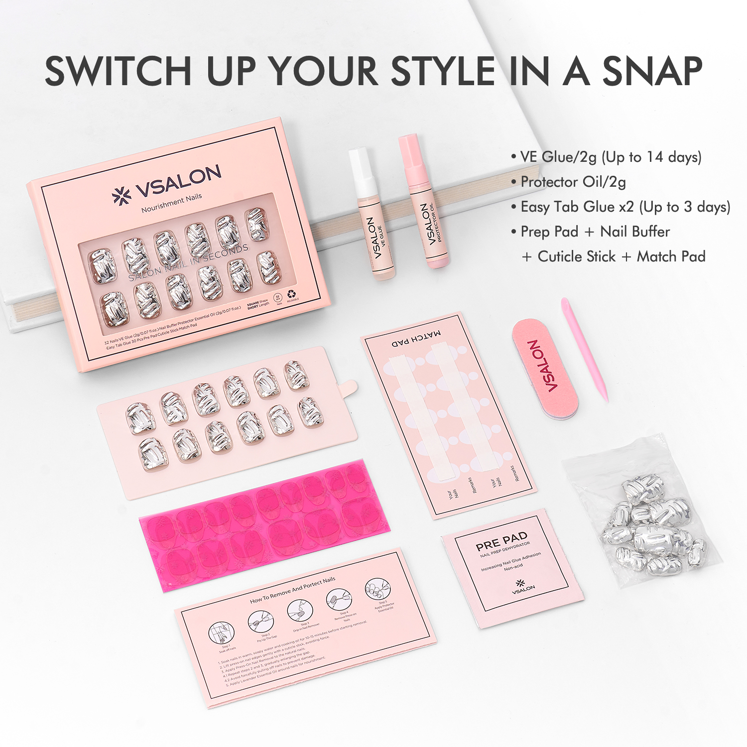 VSALON Press on Nails Short Square - Metallic Chrome 3D Sculpting Glue On Nails, Halloween Reusable Opaque Fake Nails with Quick Dry Glue, Protector Oil - 32 PCS Stick On Nails in 16 Sizes (Armor)