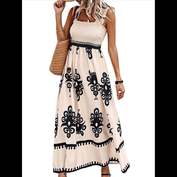 Vestido Bohemio con Cuello Cuadrado para Mujer, Informal, para y Verano, para Vacaciones en la Playa 2025 y Negro XL